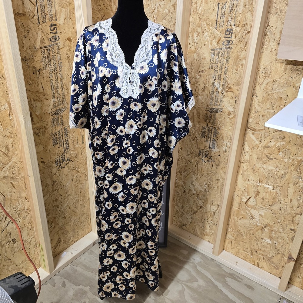 Barbizon Vintage Navy Blue Sunflower Satin Caftan Nightgown Lace Trim Small